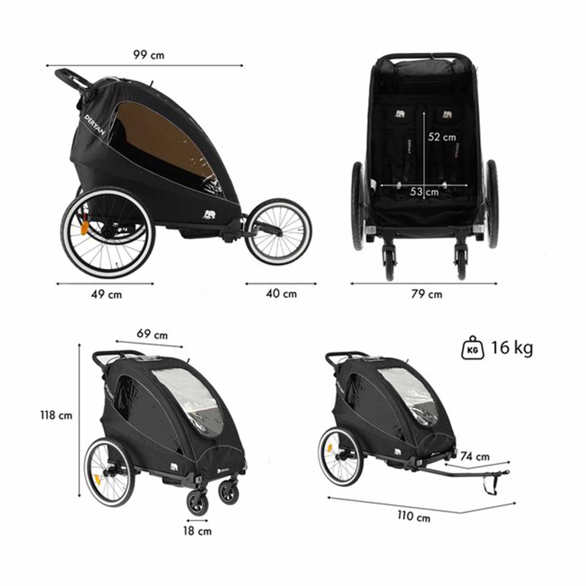 Fietskar - Wandelwagen - Hardloopkinderwagen Zwart